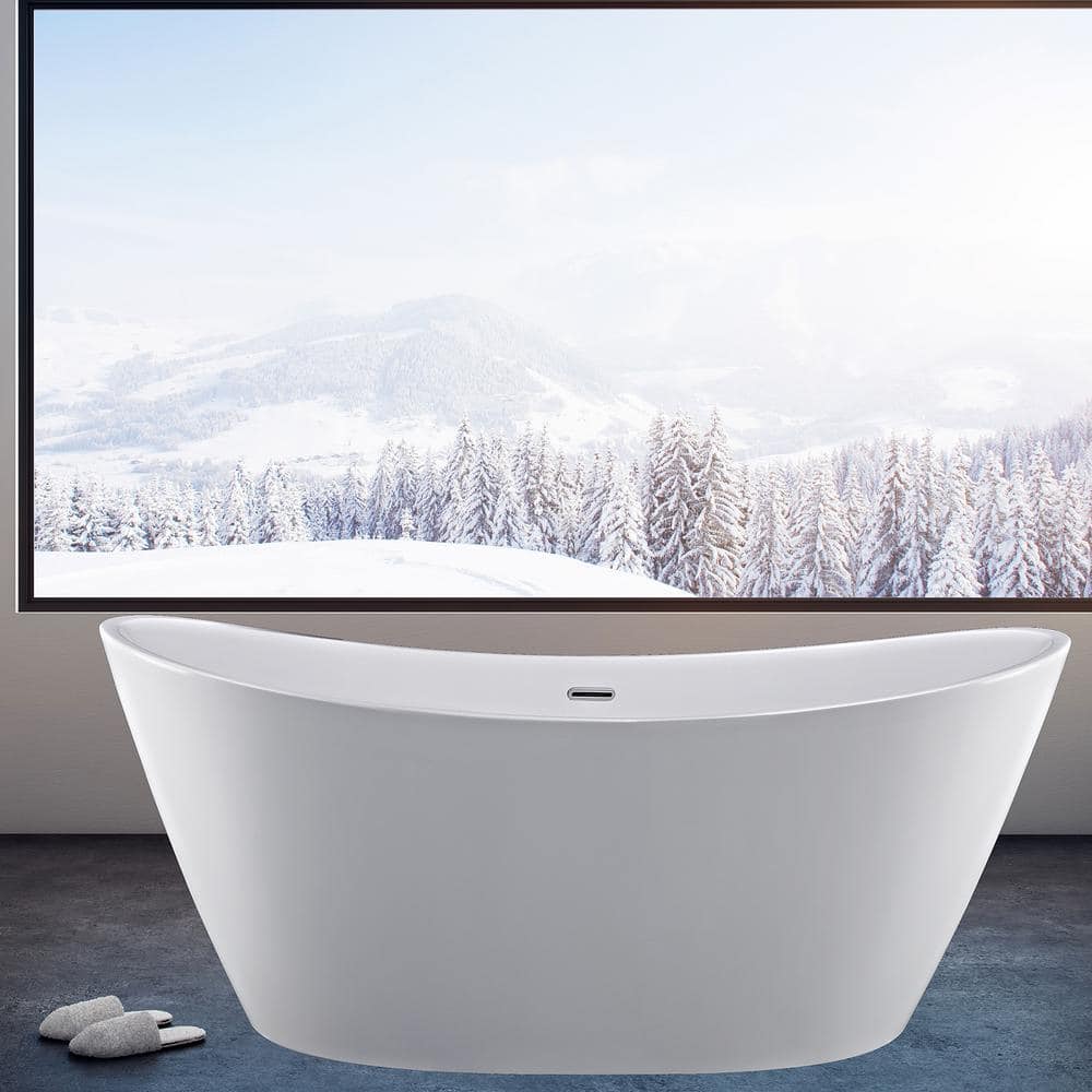 Empava 59 in. Acrylic Flatbottom Hourglass Freestanding Soaking Bathtub in White with Brushed Nickel Overflow and Drain (1)