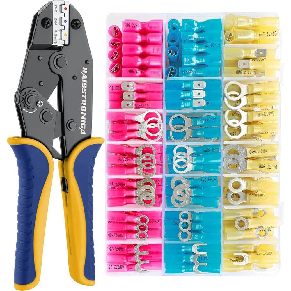 Lukyamzn 280Pcs Heat Shrink Wire Connectors with Tinned Red Copper AWG 22-10 Ring, Fork, Spade, Splice & Electrical Crimping Tool (1)