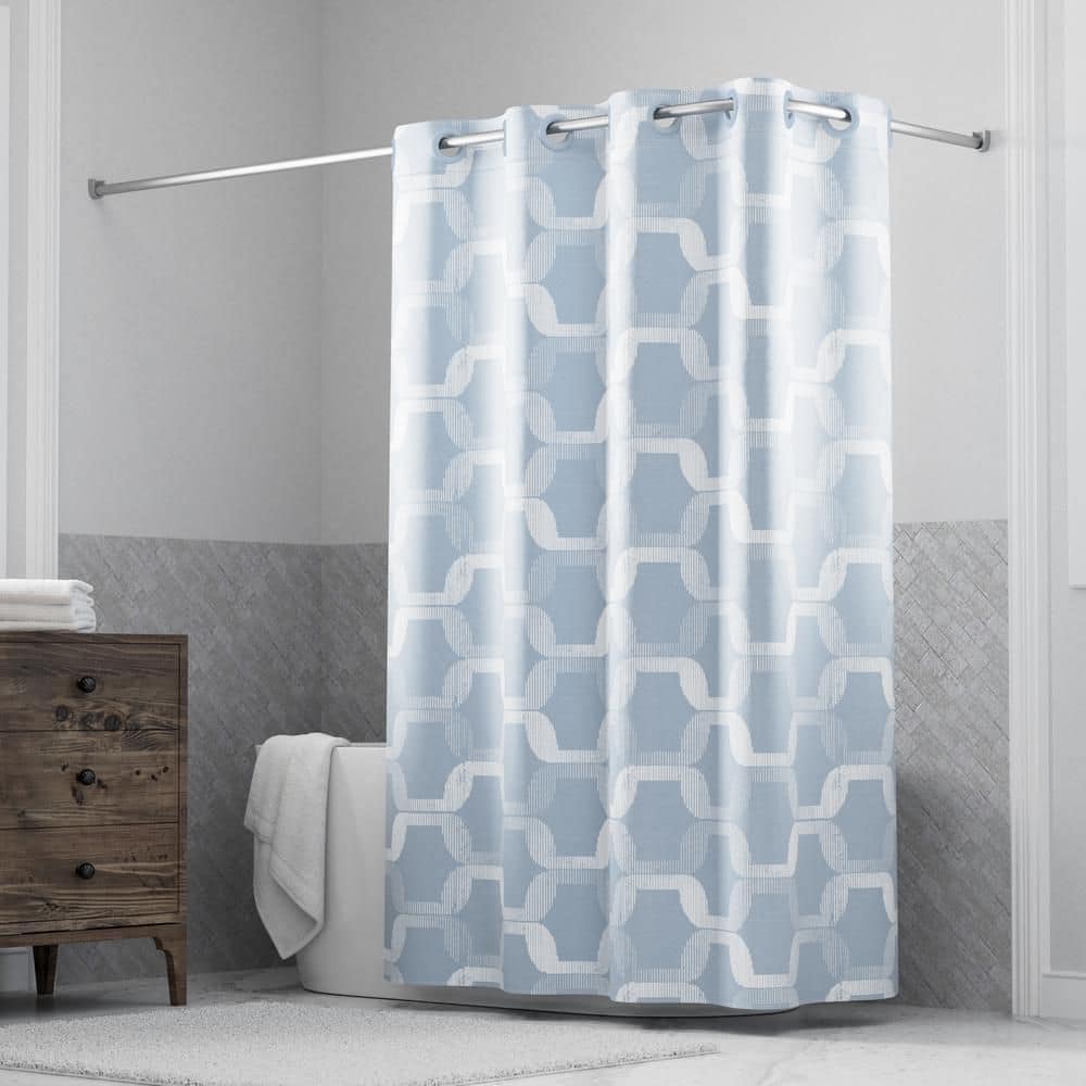 Hookless Faux Silk Shower Curtain with Flex-on Rings and It's a Snap Fabric Liner, 71 in. W x 74 in. L, Geo Ombre, Blue