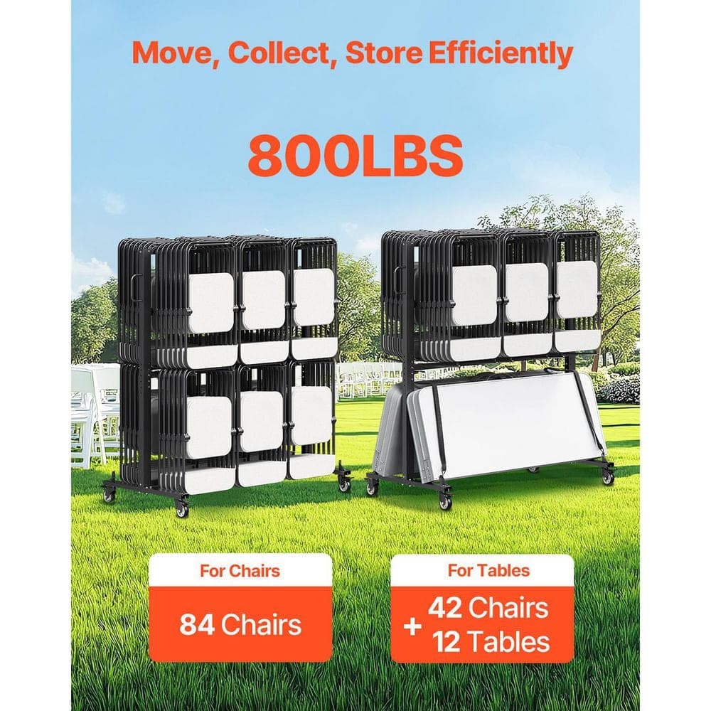 VEVOR Matte Black Folding Chair Rack, 800 lbs. Capacity, Heavy-duty Chair Cart with Rubber Wheels and Holders for 84 Chairs (2)