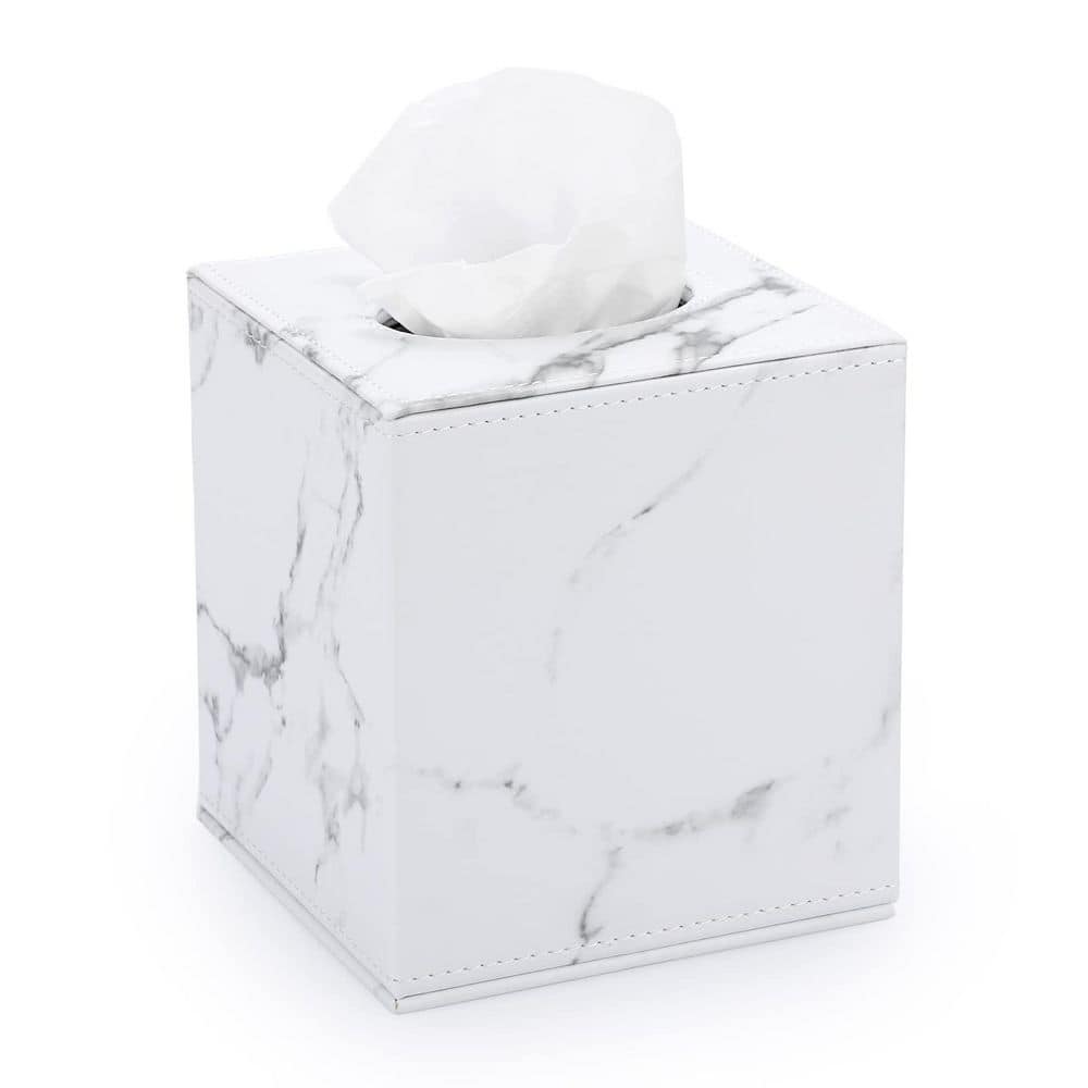 Numhew Square Leather Tissue Box Cover with Magnetic Bottom in Marple White, Decorative PU Tissue Box for Vanity, Office, Car
