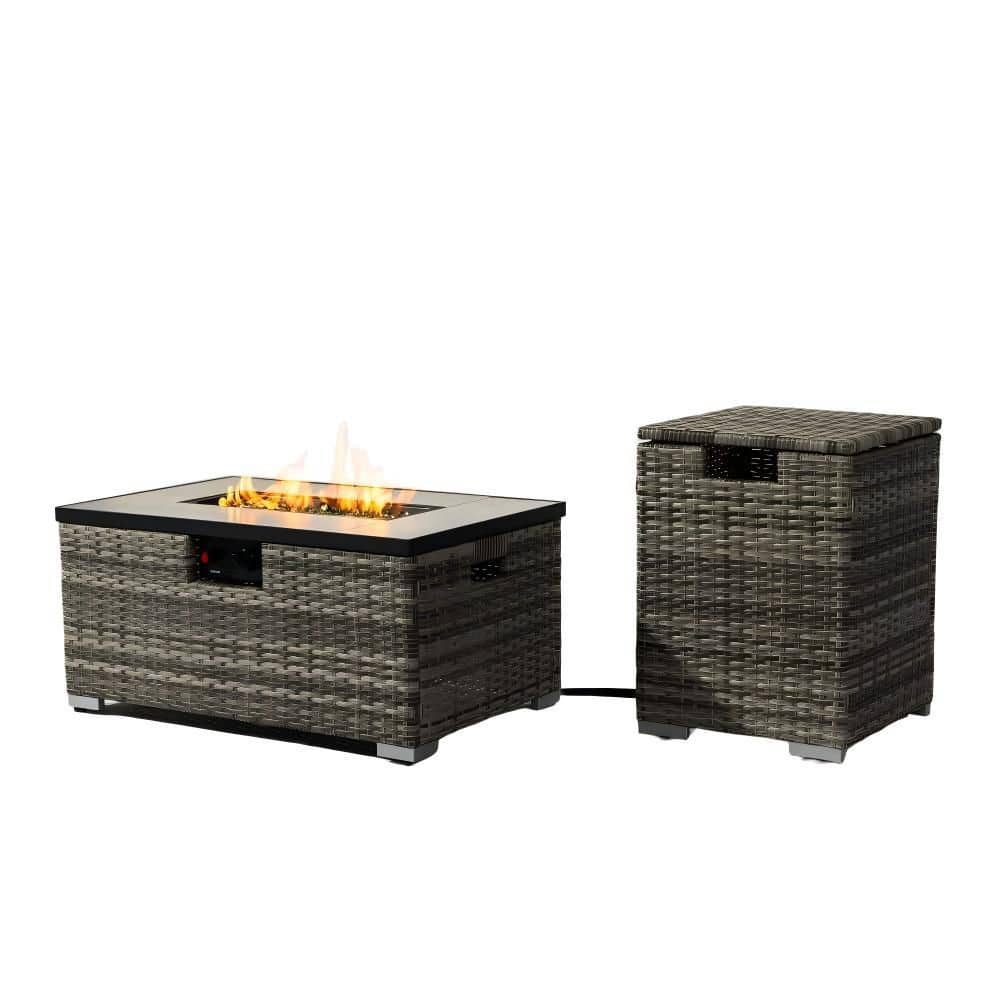Basdien 32 in. 50000 BTU Space Heater Propane Fire Pit Table Set Rectangular Patio Vented with Wicker Base Matching Cover Brown