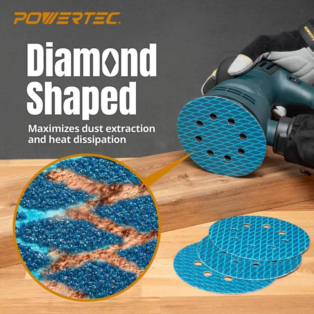 ‎POWERTEC 5 in. 8-Hole Hook and Loop Diamond Shaped Sanding Discs, Assorted Grits (60/80/120) for Random Orbital Sanders (60-Pack) (3)