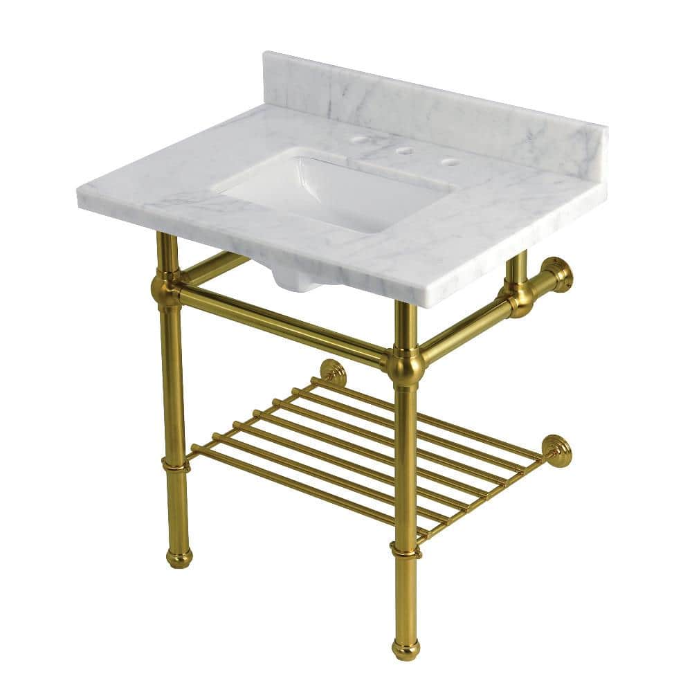 Kingston Brass Templeton 30 in. Marble Console Sink with Brass Legs in Carrara Marble Brushed Brass