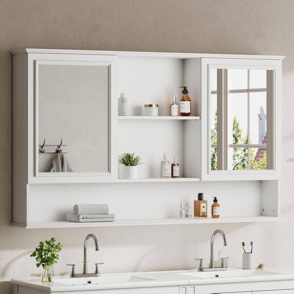 YSQCAR 60 in. W x 35 in. H Rectangular MDF Wall Medicine Cabinet with Mirror in White with Adjustable Shelf and Open Shelves (2)