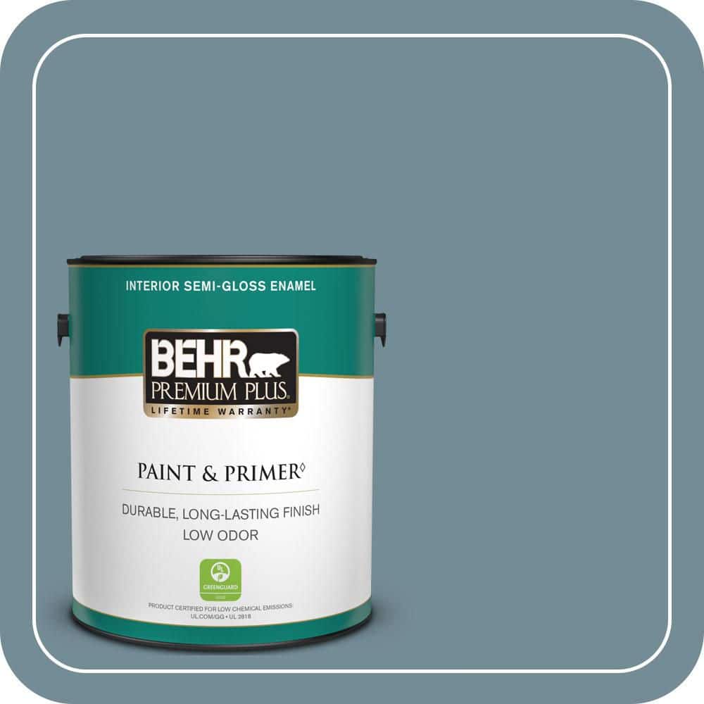 BEHR PREMIUM PLUS 1 gal. #QE-54 Shaker Blue Semi-Gloss Enamel Low Odor Interior Paint & Primer