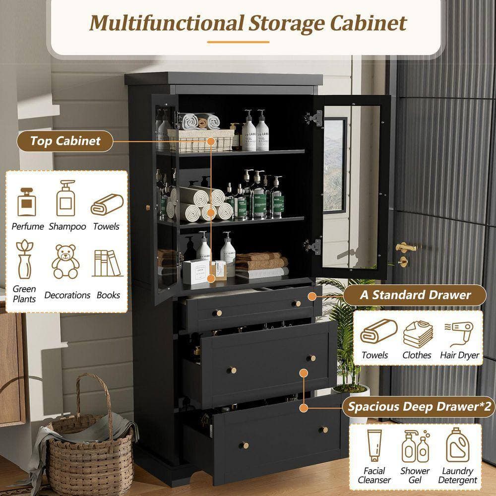 SANFANGIE Simple Style 30.1 in. W x 15.7 in. D x 70.1 in. H Black Linen Cabinet with 2-Adjustable Shelves, 3-Drawers (3)