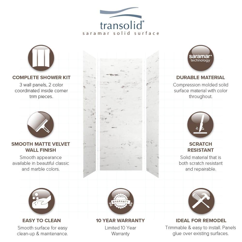 Transolid Saramar 36 in. W x 96 in. H x 36 in. D 3-Piece Glue to Wall Alcove Shower Wall Kit in. White Venito Velvet (3)