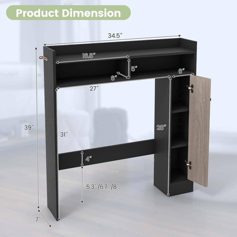 Costway 34.5 in. W x 39 in. H x 7 in. D Black Over the Toilet Storage Bathroom Cabinet Floor Organizer with Adjustable Shelves (3)