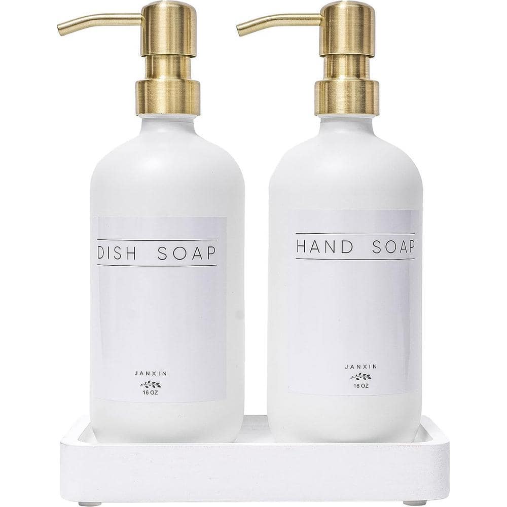 Adrinfly Soap Dispenser with Stainless Steel Pump, Wood Tray, Waterproof Labels for Hand, Dish Soap, Lotion (White+Gold, 2-Pack)