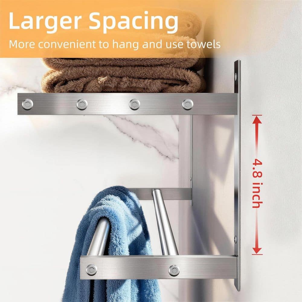 Wudkey 2-Tier Bathroom Shelf with Double Towel Bar in Brushed Nickel, Stainless Steel Wall Mounted Towel Rack with Shelf (3)