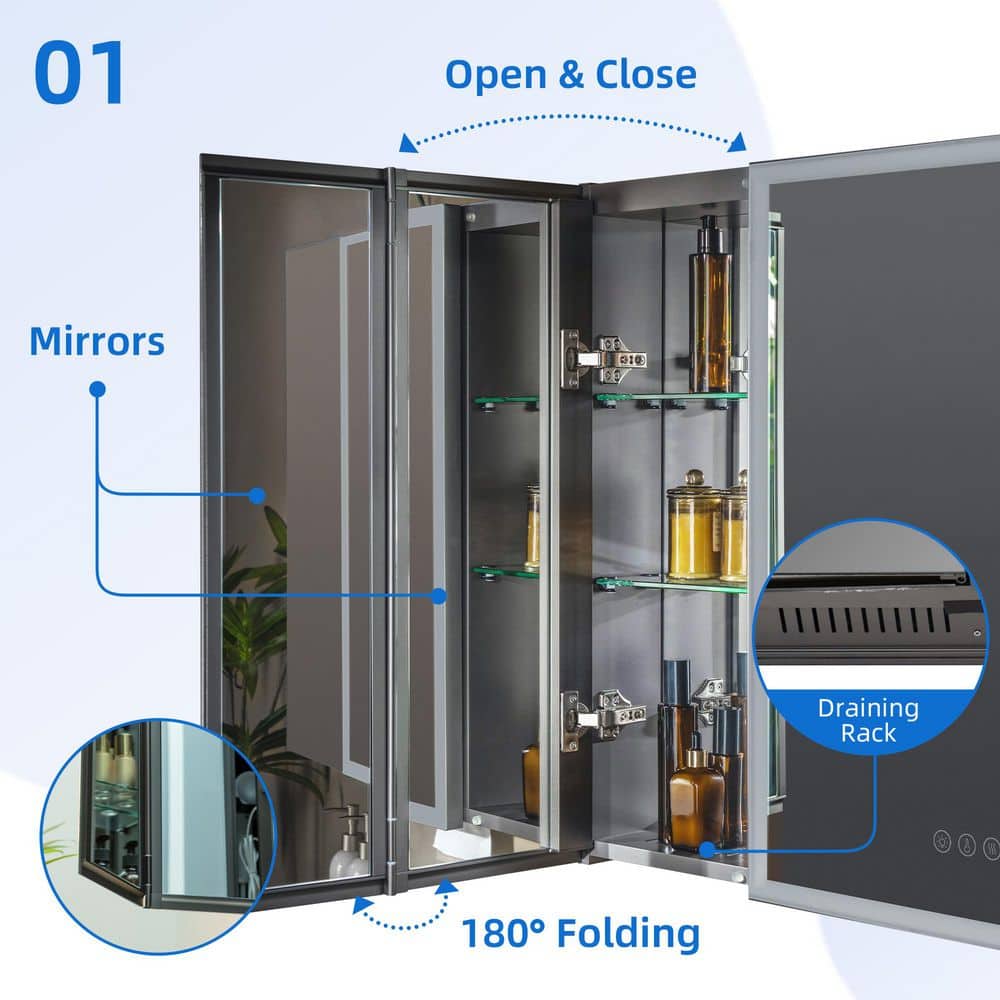 WOODBRIDGE 39.4 in. W x 27.75 in. H Large Rectangular Aluminum Surface Mount 3-Door LED Lighted Medicine Cabinet with Mirror (3)