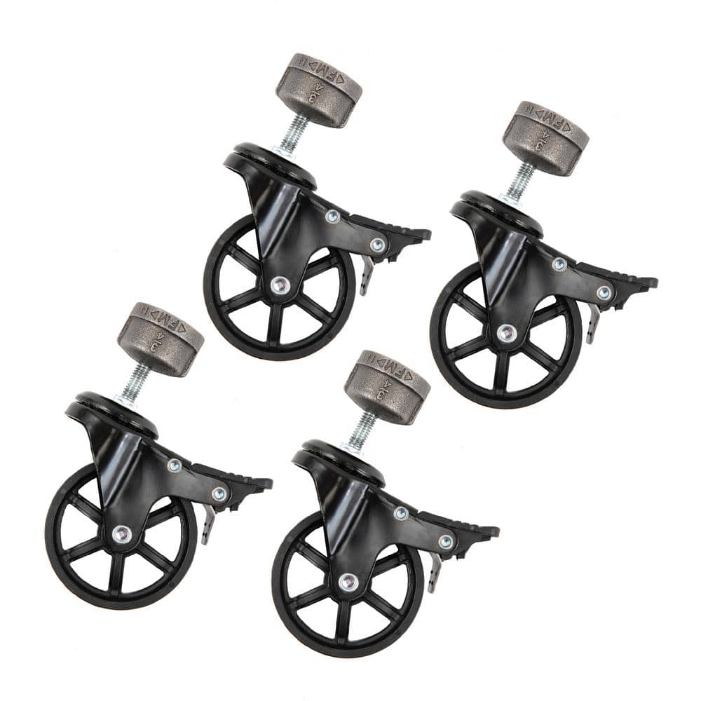 PIPE DECOR 3/4 in. Black Malleable Iron Cap Fitting with 3 in. Caster Wheel for Pipe Furniture (4-Pack) (1)