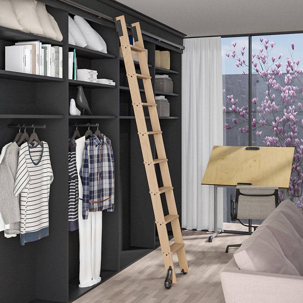 MEADOW LANE 107 in. Un-Finished Red Oak Library Ladder (119 in. Reach) Black Top Hook Ladder Kit with 12 ft. Rail