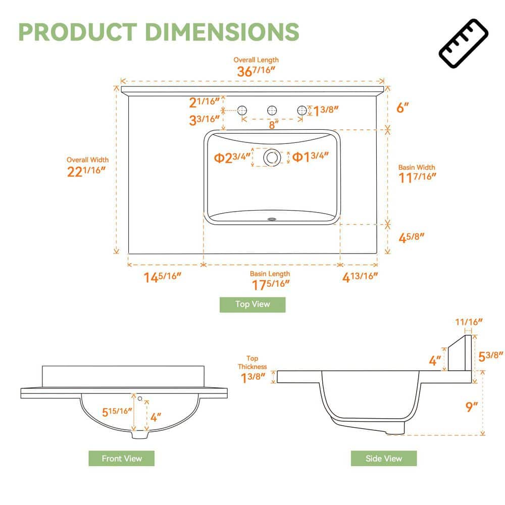 Getpro 36 in. W x 22 in. D Engineered Stone White Rectangular Right Single Sink Vanity Top in Carrara White w/ 4 in. Backsplash (2)