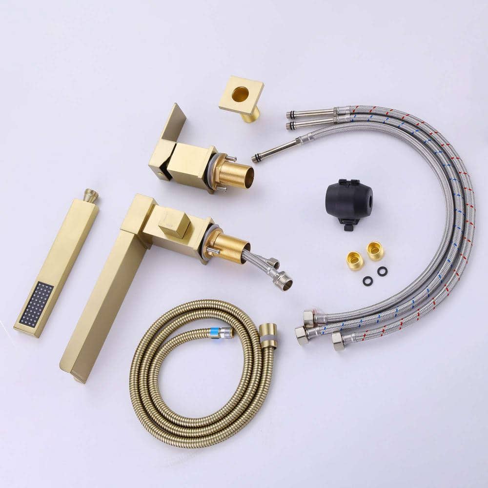 FLG Single-Handle Tub Deck Mount Roman Tub Faucet with Handheld Shower Waterfall Brass Tub Filler in Brushed Gold (2)