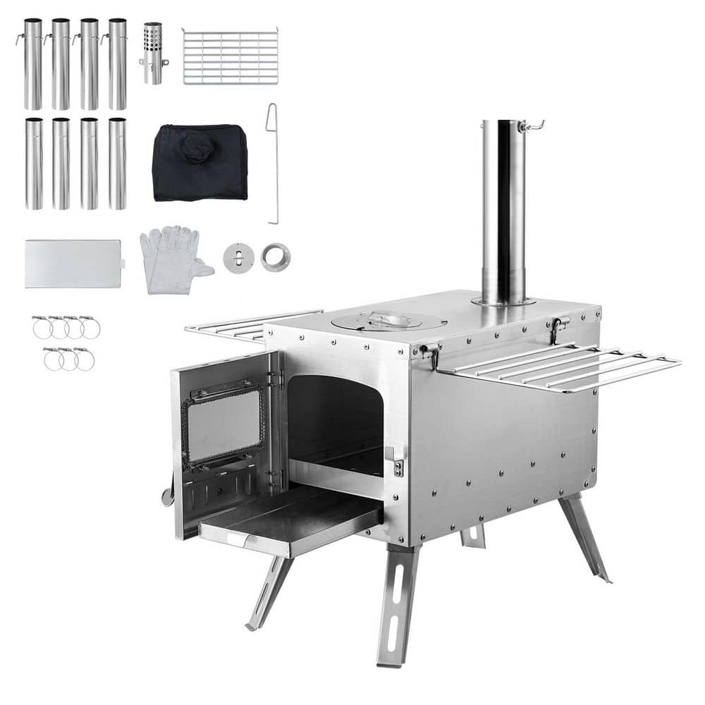 SKYSHALO Wood Stove, 86 in. Stainless Steel Camping Tent Stove, Portable Wood Burning Stove with Chimney Pipes and Gloves