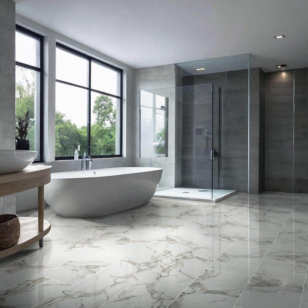 MSI Crystal Bianco 12 in. x 24 in. Polished Porcelain Stone Look Floor and Wall Tile (16 sq. ft. /Case) (4)