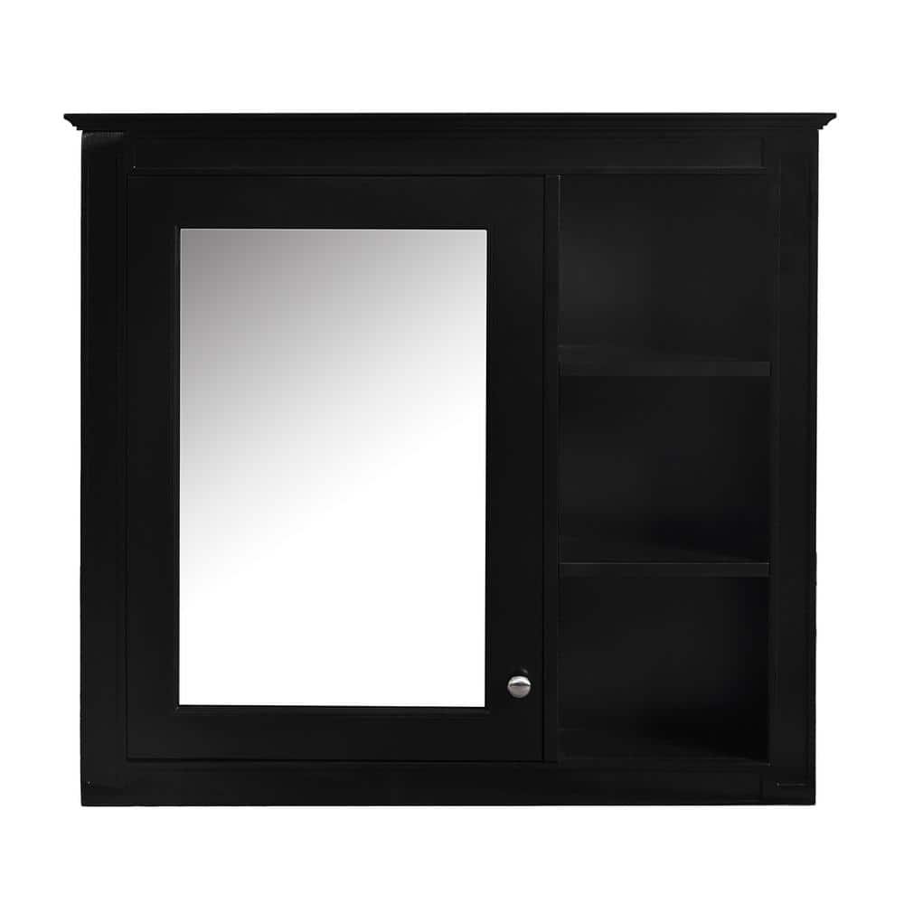 cadeninc 29.92 in. W x 7.32 in. D x 28 in. H  Wall Mounted Bathroom Storage Cabinet in Black with Mirror and  3 Open Shelves (3)