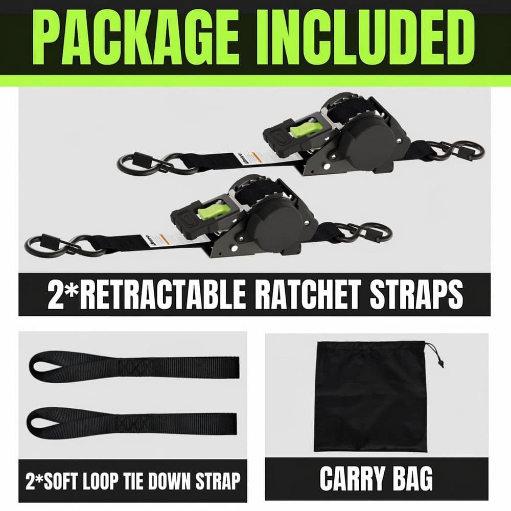 LAIFUCAM 12 ft x 1 in Auto-Retractable Ratchet Tie Down Straps Heavy Duty 1760 lb. Break Strength Bolt On 2 Pack (3)