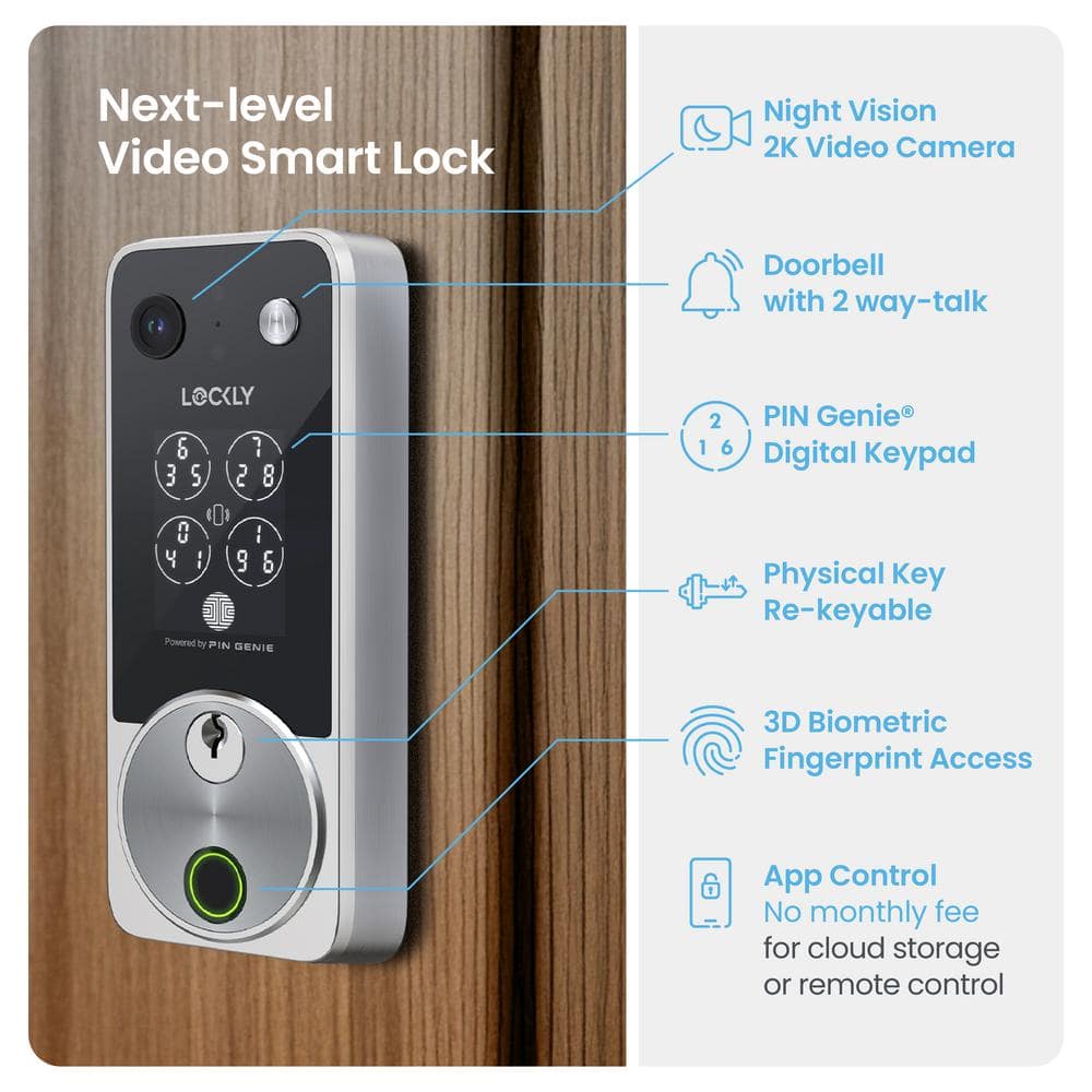 Lockly Vision 2K Video Zeno Satin Nickel Deadbolt Wifi Doorbell Smart Lock,Home Key,Night Vision,Fingerprint, Siri/Alexa/Google (4)