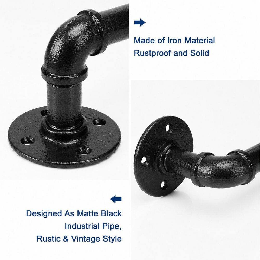Unbranded 18 in. Industrial Pipe Iron Bathroom Towel Bar Wall Mounted Rustic Black Heavy Duty Drill Install Holder (3)