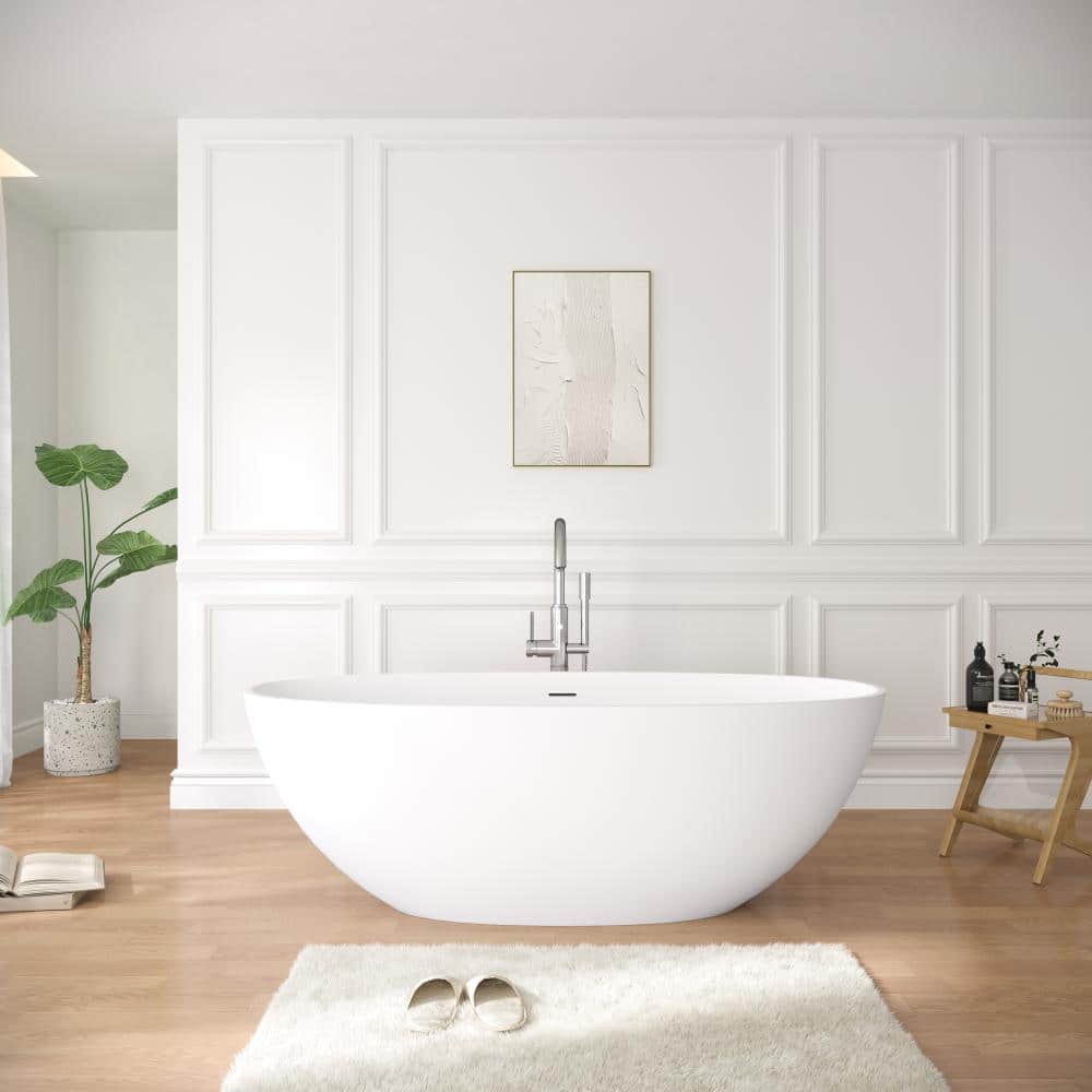 Fieeay 65 in. x 29.5 in. Freestanding Soaking Solid Surface Bathtub with Center Drain in Matte White (1)