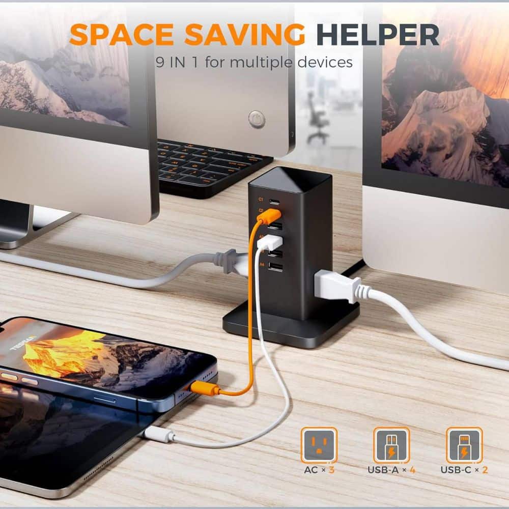 Yichuhaoxi Charging Station 30-Watt, 9-in-1 Charger Blocks for Tablets, Earphone with Surge Protector, 5 ft. Flat Extension Cord (2)