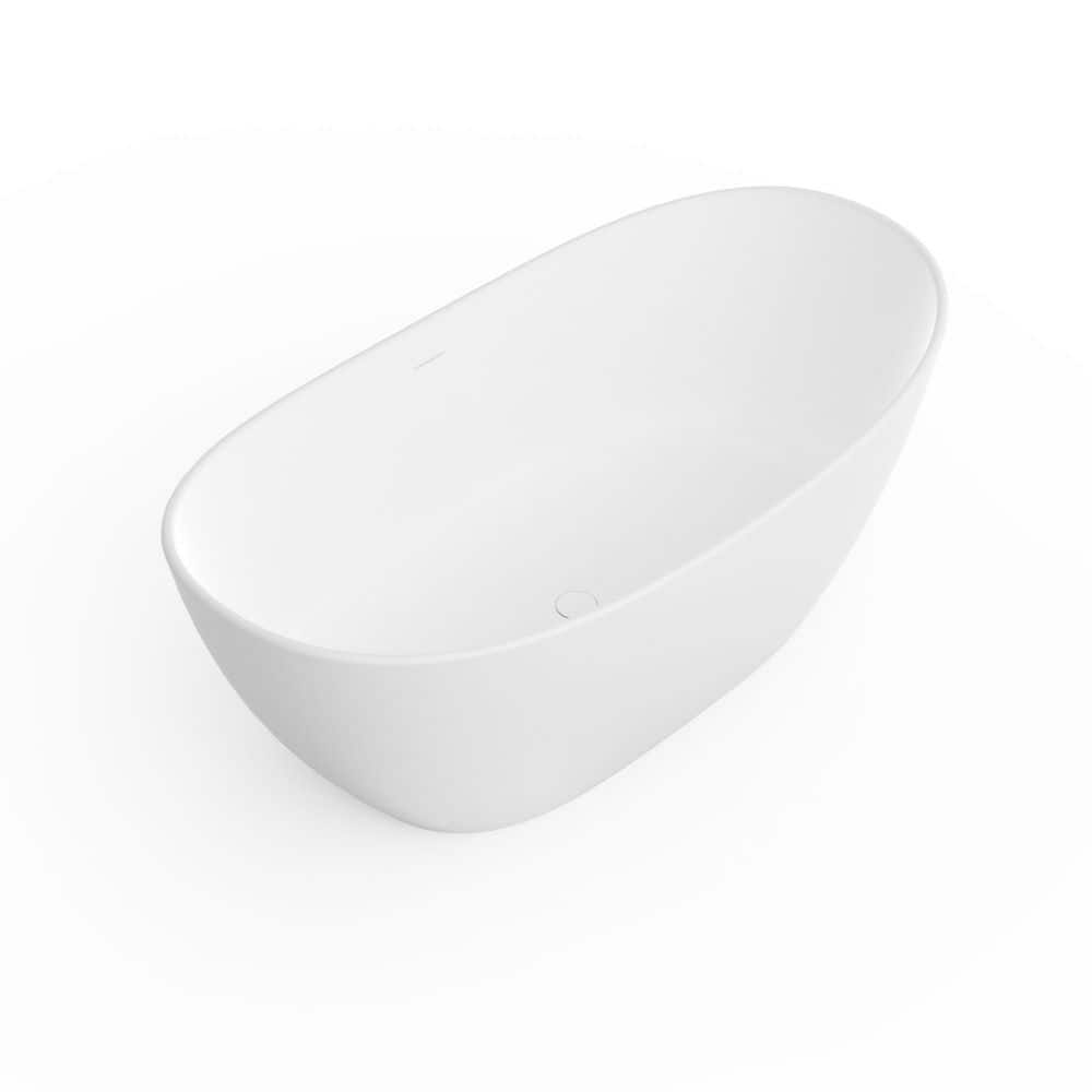 LIVACA 64.96 in. x 33.46 in. Flat Bottom Stone Resin Freestanding Soaking Bathtub with Center Drain in Matte White (1)