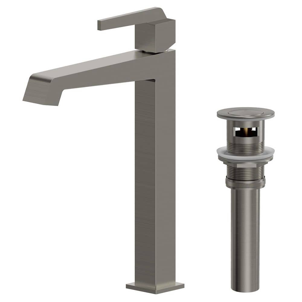 GRANDJOY Tall Square Brass Bathroom Vessel Sink Faucet, 1-Handle with Universal Pop Up Drain and Supply Lines in Brushed Nickel (1)