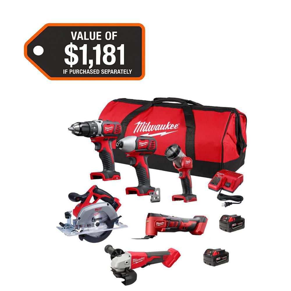 Milwaukee M18 18V Lithium-Ion Cordless Combo Kit (5-Tool) with (2) Batteries, Charger and Tool Bag