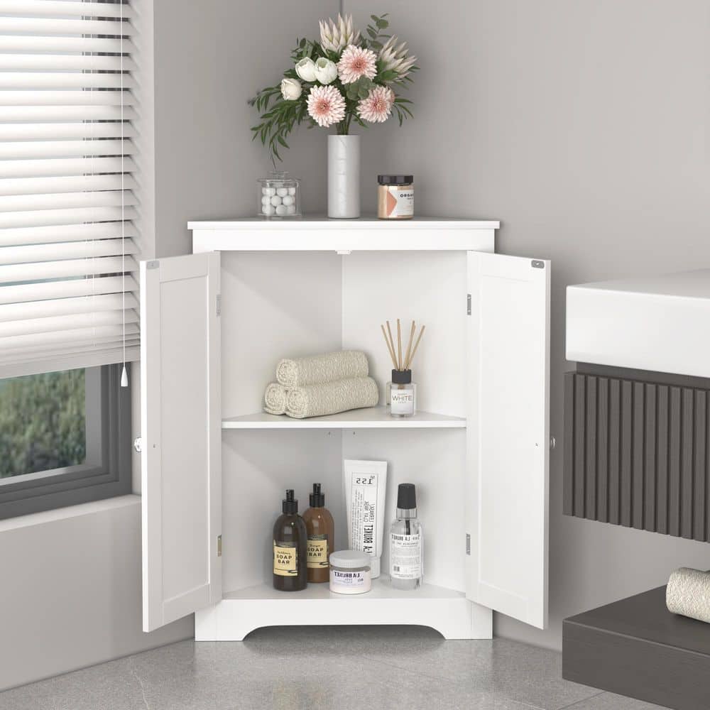 YSQCAR 23.6 in. W x 12.4 in. D x 31.9 in. H White MDF Freestanding Triangle Linen Cabinet with Door, Adjustable Shelf (3)