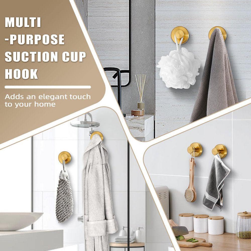 JFVKAF Suction Cup Hook Bathroom Towel Robe Holder in Brushed Gold for Glass Tile Mirror Kitchen Walls 4 Pack Knob (3)