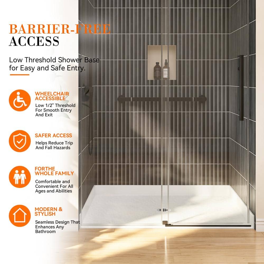 CRENRIDGE AVORA 54 in. L x 36 in. W Barrier Free Alcove Shower Pan Base with Center Drain in White Low Threshold  Weelchair Access (3)