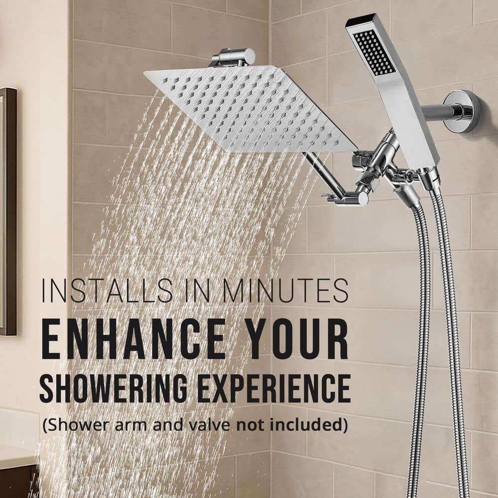 Numhew 8 in. 6-Piece Metal Shower Headset, Rainfall Head, Handheld Wand, Extension Arm, Diverter, Mounting Hardware, in Chrome (2)