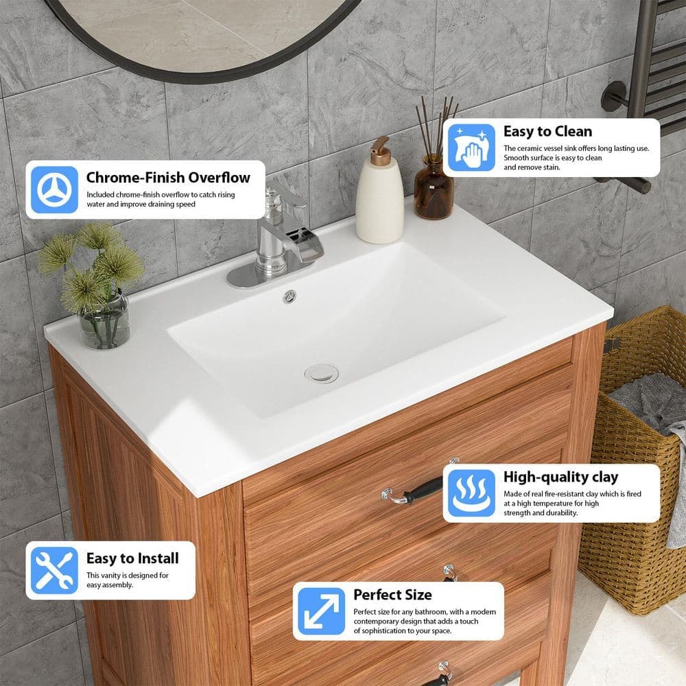 LORDEAR 30 in. W x 18.5 in. D Bathroom Ceramic Vanity Top Sink with Single Faucet Hole in White (2)