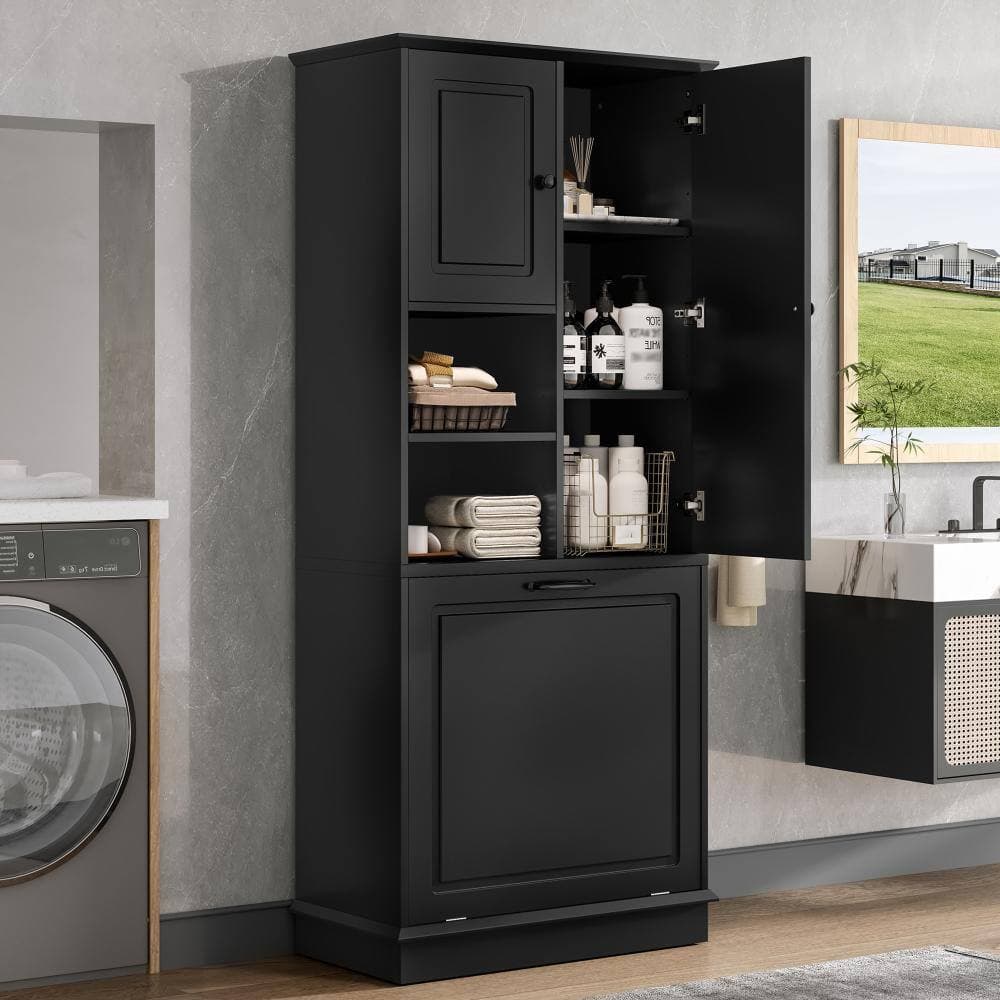 Staykiwi 30 in. W x 14.2 in. D x 67.7 in. H Black Tall Storage Cabinet with Adjustable Shelves and Large Flip-Out Basket (3)