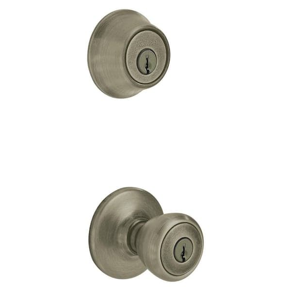Kwikset Tylo Antique Brass Entry Door Knob and Single Cylinder Deadbolt Combo Pack with Microban Antimicrobial Technology (2)