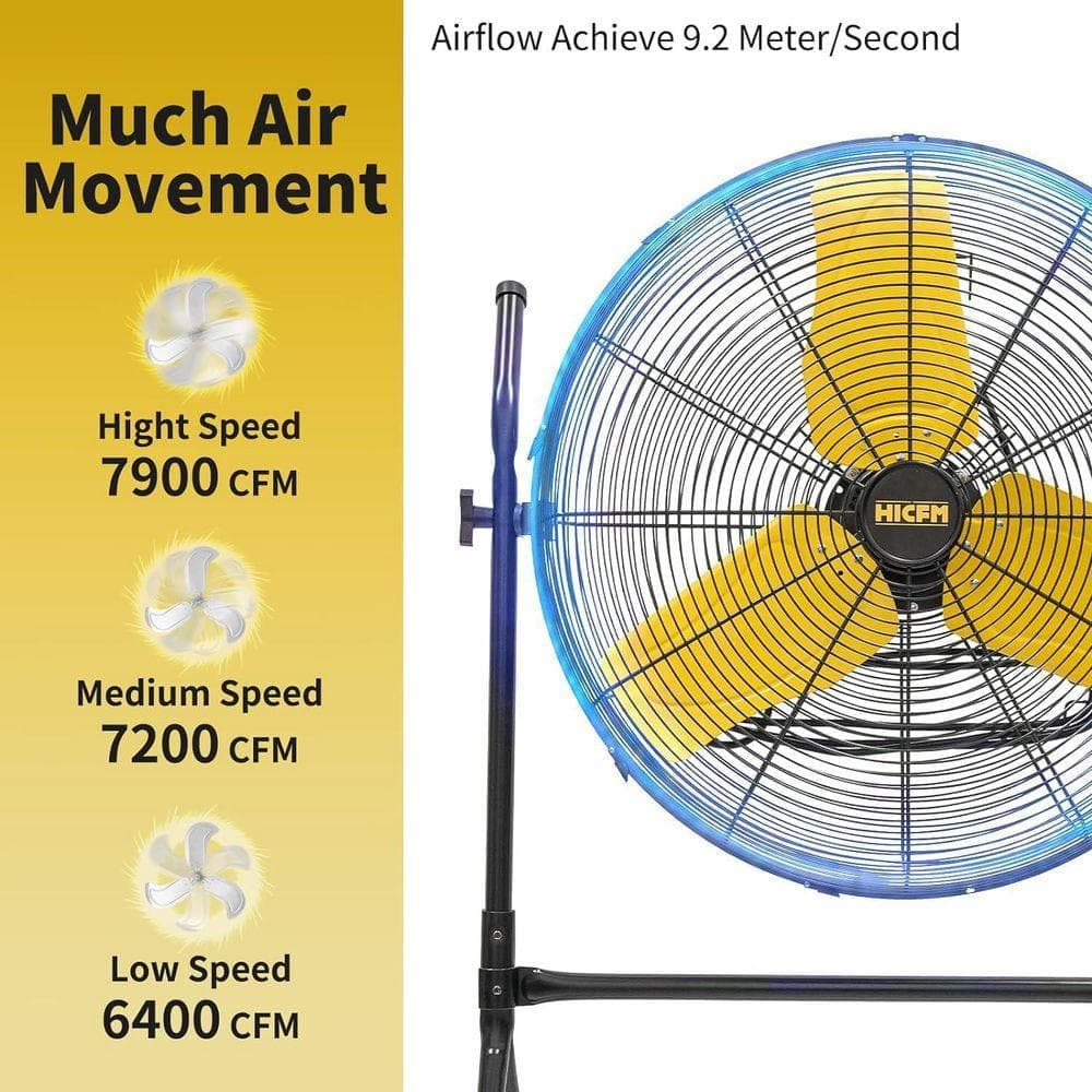 WOCK HICFM 24 in. Yellow 7900 CFM Roll-About Tilt Pedestal Fan, Ball Bearing, 2/5 HP Motor, 180° Tilt, Wheels - UL Listed (3)