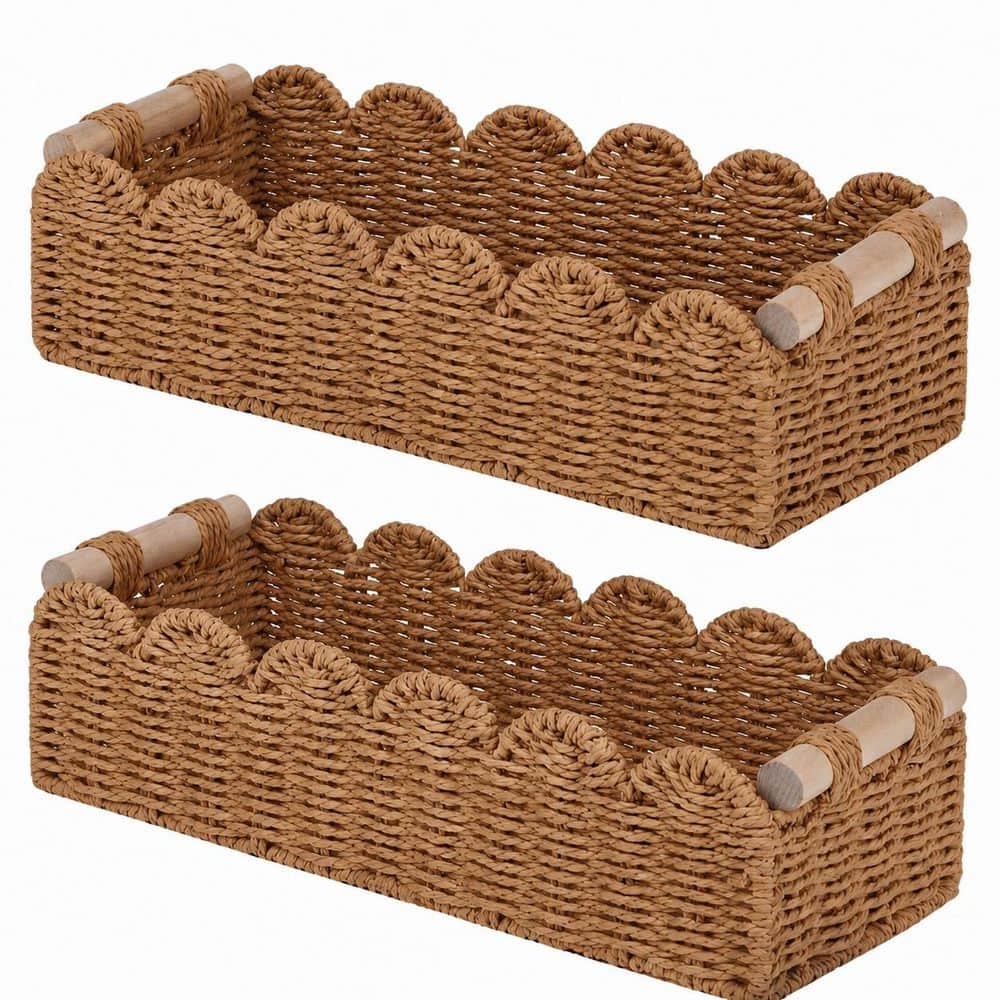 KHKFY 2-Pack Woven Paper Rope Scalloped Basket with Wooden Handles, 14 in. x 6.3 in. x 3.9 in. Countertops (1)