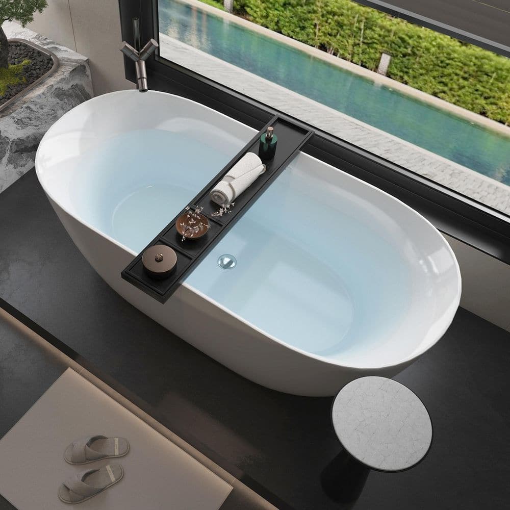 Unbranded 67 in. x 31.5 in.Glossy White Acrylic Slim Rim Freestanding Oval Soaking Bathtub Stand Alone Tub in Chrome (2)