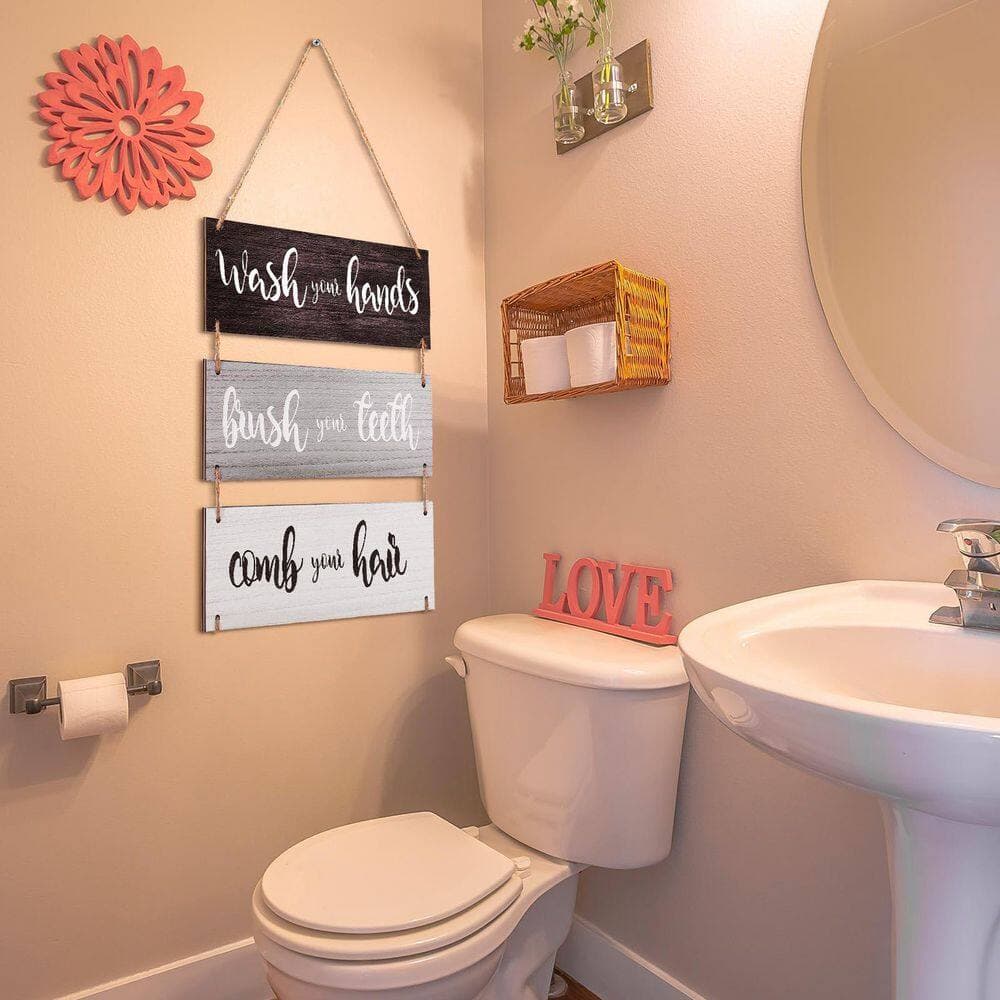 LAIFUCAM 3-Pack Rustic Wood Finish Hanging Wall Sign Bathroom Rules Art Decor Set for Home Bedroom Door Toilet Tank (2)