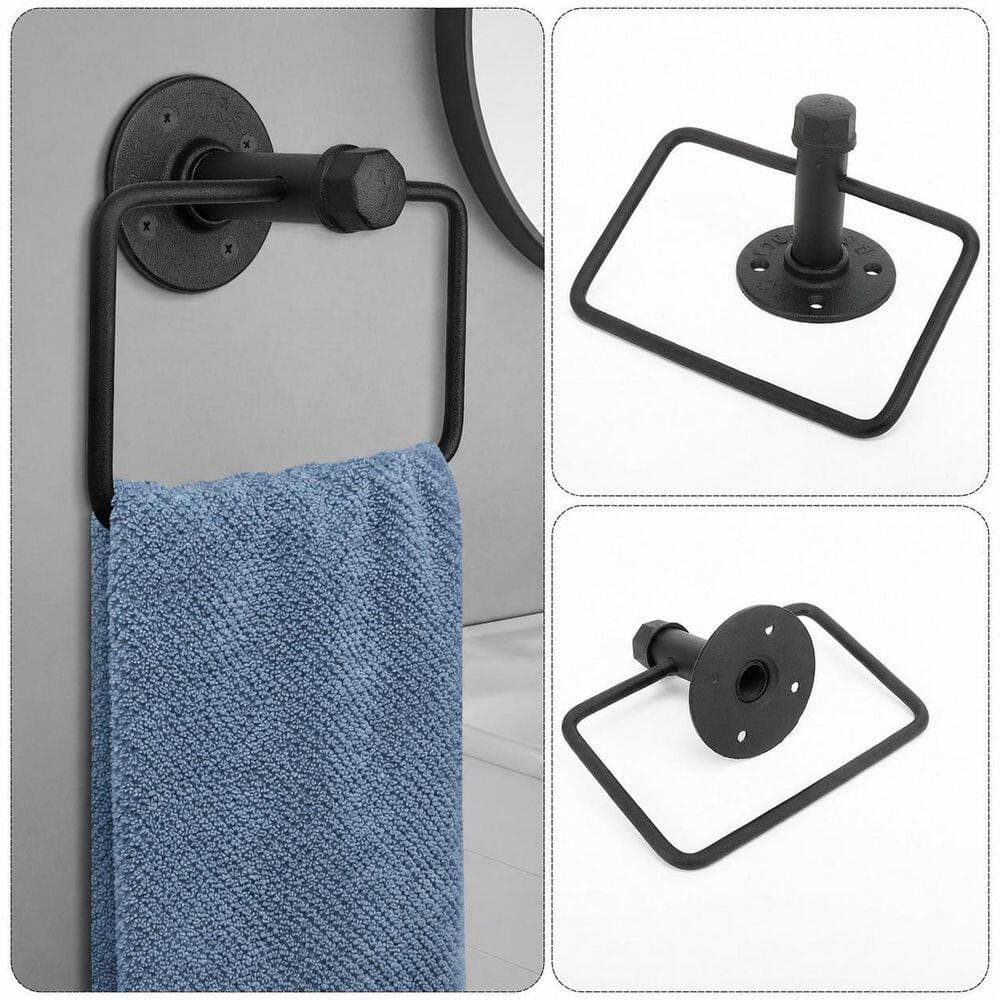 Unbranded 5-Piece Black Wall Mounted Industrial Pipe Bathroom Hardware Set with 18 in. Towel Bar and Toilet Paper Holder Hooks (3)