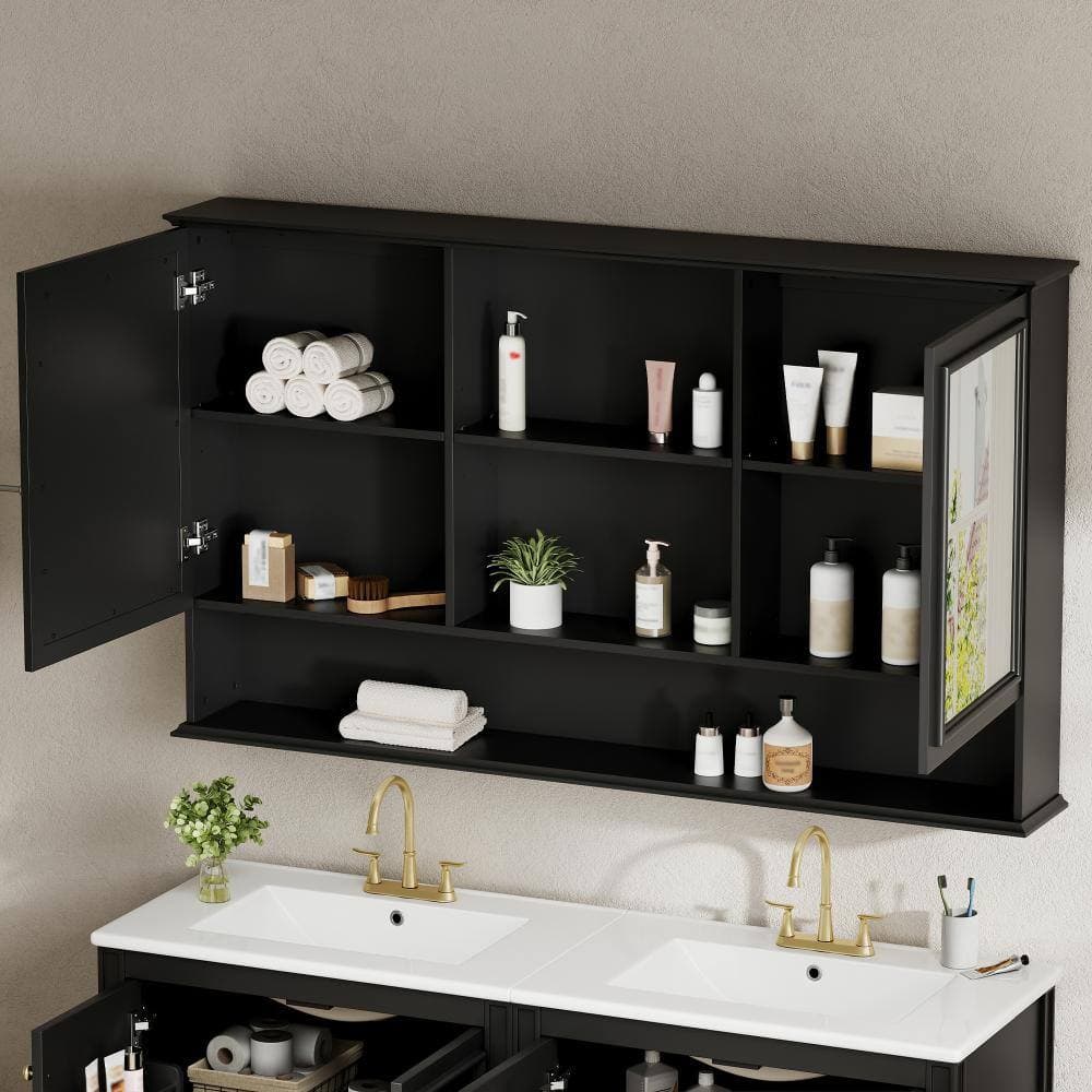 YSQCAR 60 in. W x 35 in. H Rectangular MDF Wall Medicine Cabinet with Mirror in Black with Adjustable Shelf and Open Shelves (3)