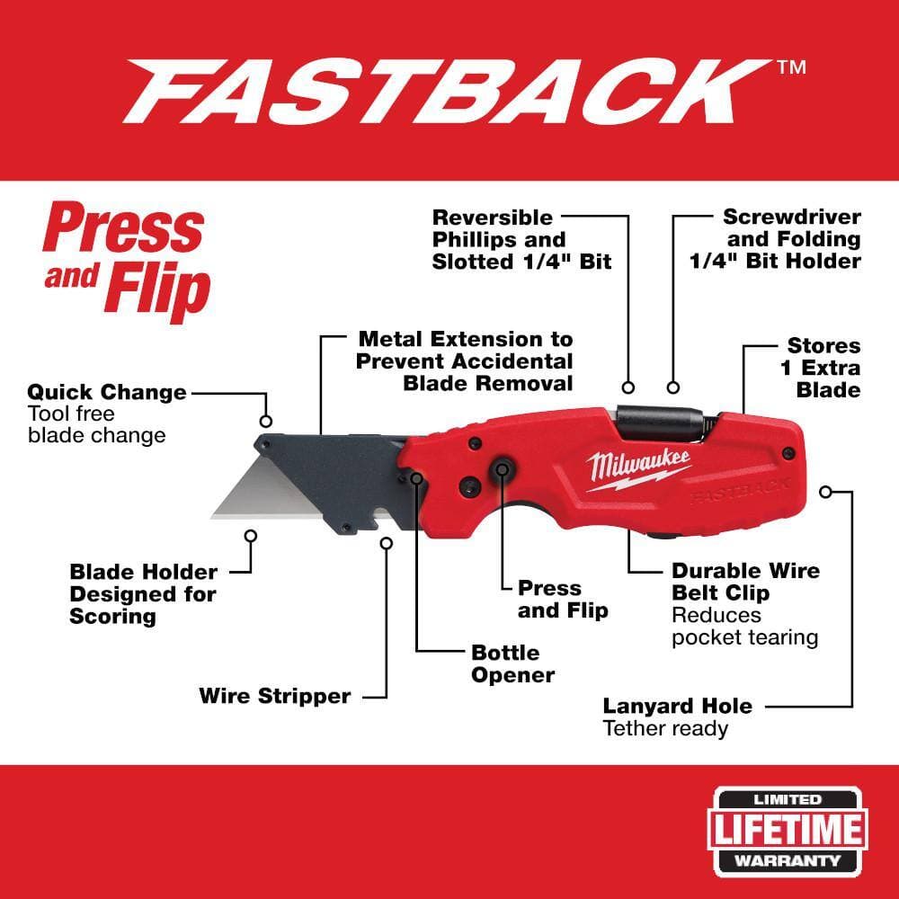 Milwaukee FASTBACK 6-in-1 Folding Utility Knife with 9-in-1 Square Drive Ratcheting Multi-Bit Screwdriver (2)