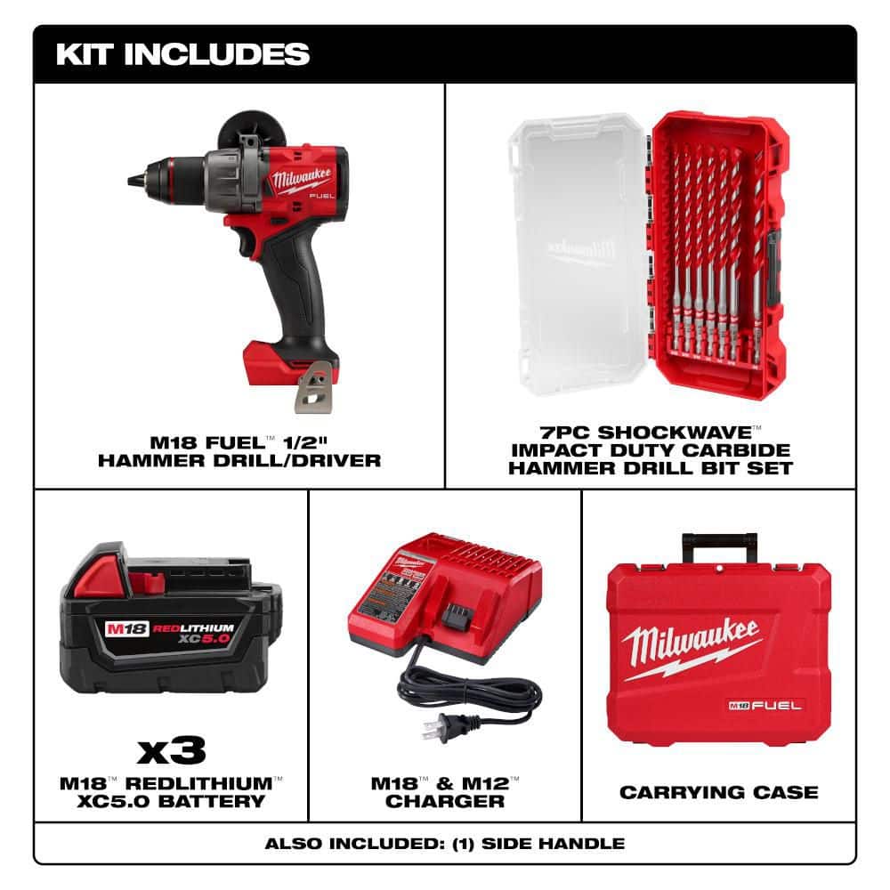 Milwaukee M18 FUEL 18V 1/2 in. Hammer Drill Kit w/ (3) 5. 0Ah Batteries, Hard Case with 7-Pc Carbide Bit Kit (2)