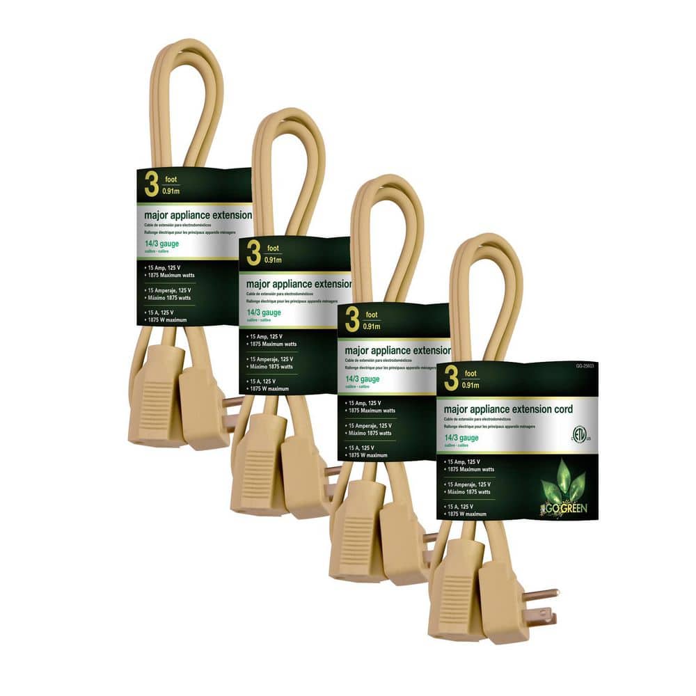 GoGreen Power (G-25603-4) 3 ft. 14/3 Indoor Appliance Extension Cord, Beige, 4 PACK (1)