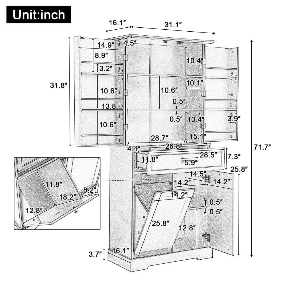 XUJMK 31 in W x 16 in D x 72 in H Linen Cabinet Pantry Storage Cabinet in White with Tilt-Out Laundry Hamper, Adjustable Shelf (2)
