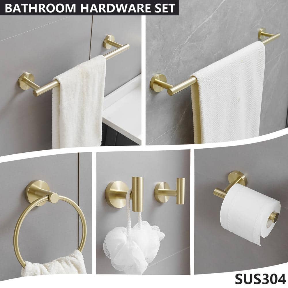 ehablix Bathroom Hardware Set 6-Pieces Bath Hardware Set with Towel Bar, Towel Ring, Robe Hook, Toilet Paper Holder in Gold (2)