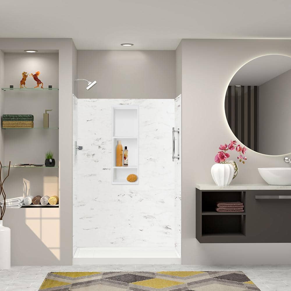 Transolid Saramar 48 in. W x 72 in. H x 36 in. D 3-Piece Glue to Wall Alcove Shower Wall Kit in. White Venito Velvet (2)